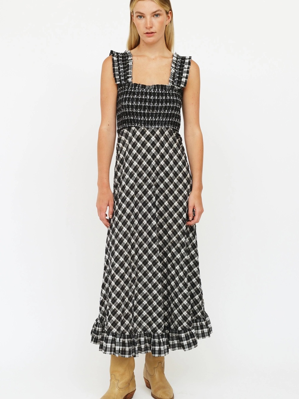 Ganni Checkered Smocked Square-Neck midi Maxi Dress